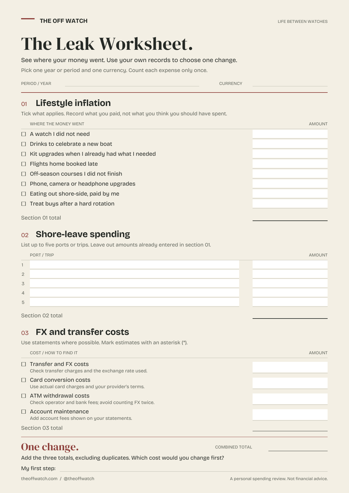 Preview of the full Leak Worksheet with lifestyle, shore-leave and transfer-cost sections